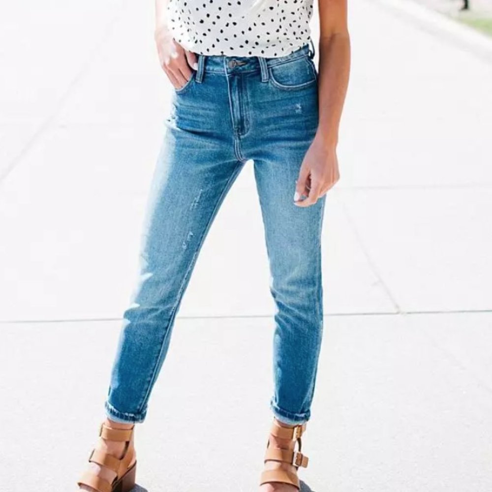 KanCan Signature Distressed Mom Fit Stretch Cuffed Jeans